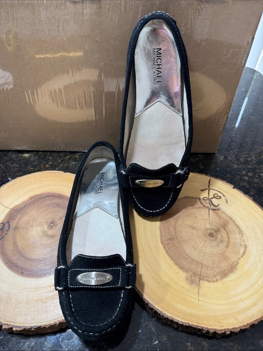 NWOT. MICHAEL Michael Kors Black Suede Logo Bit Loafers